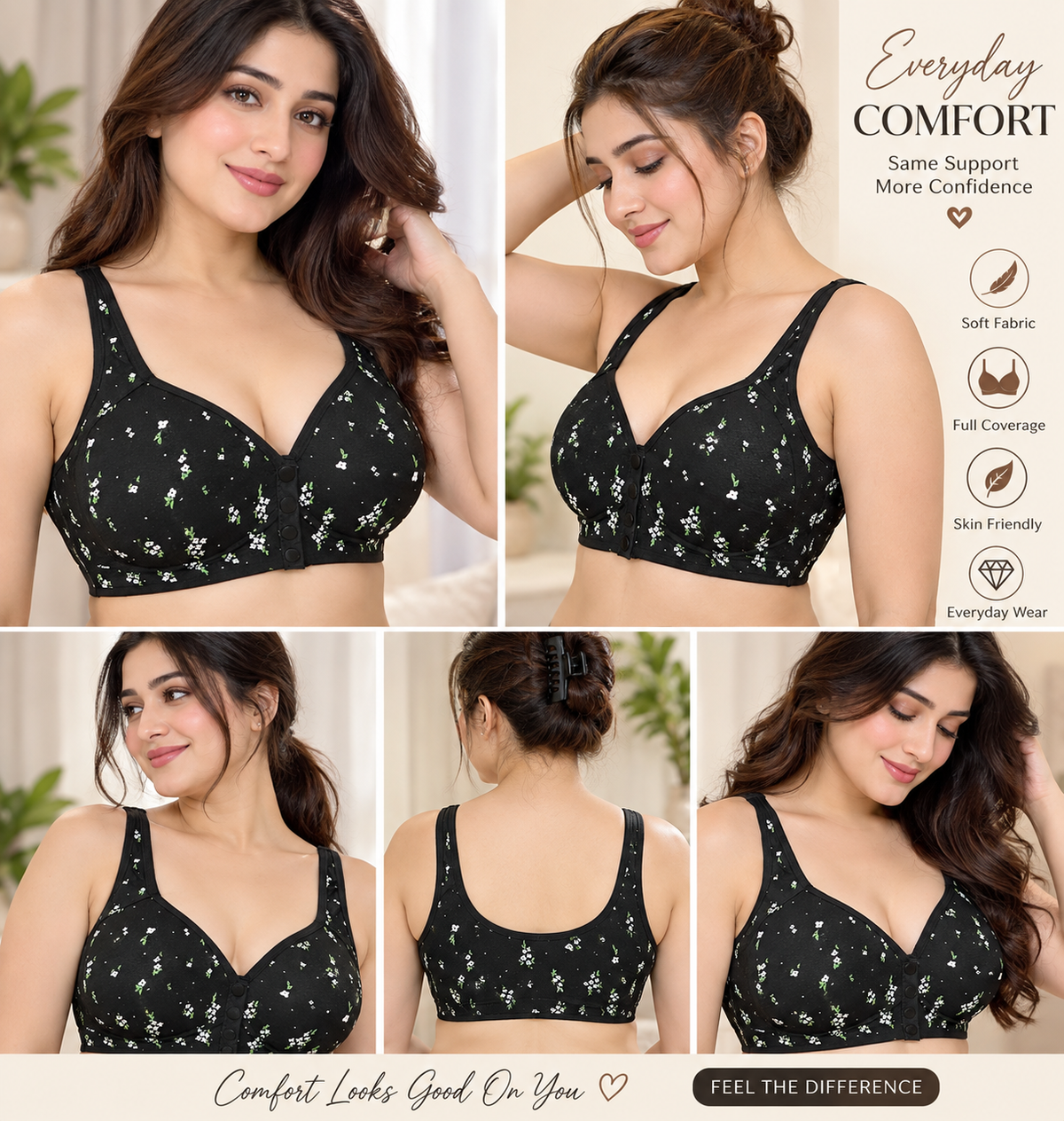 Ladies' Fashionable Front Opening Button Without Steel Ring Underwear