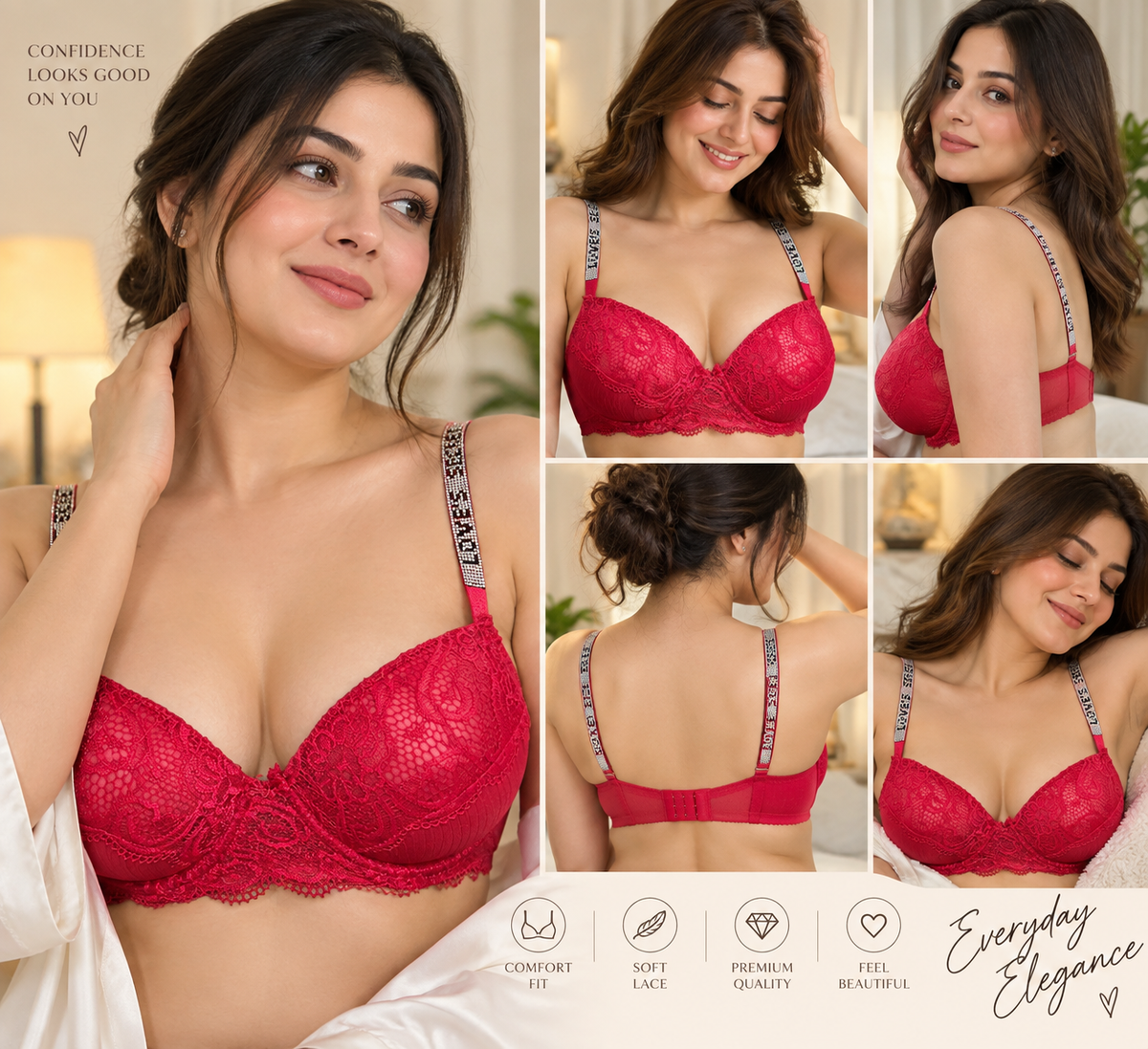 Beauwear Shine Letter Straps Push Up Bra Comfy Breathable Floral Lace