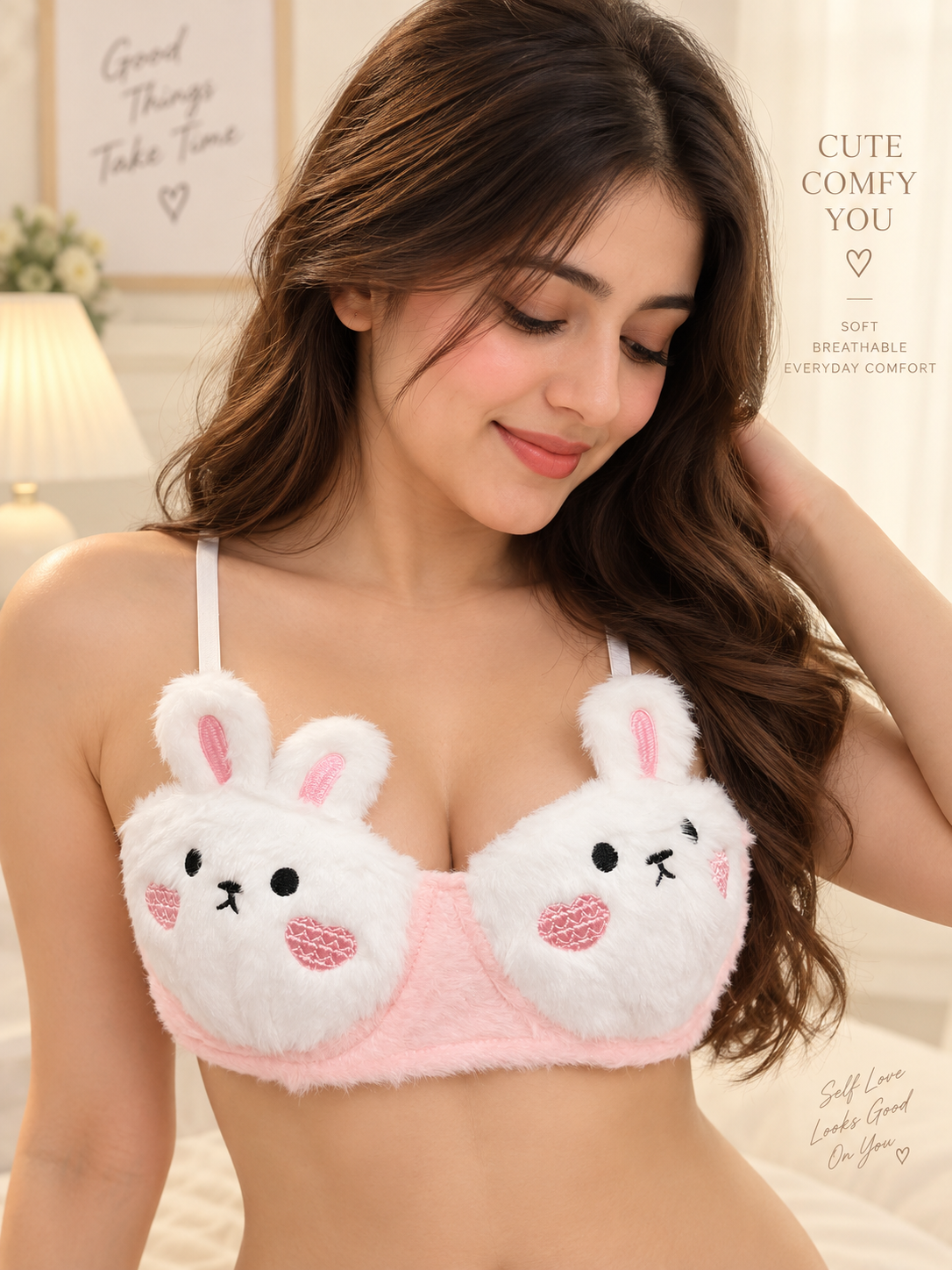 Cute Plush Women Underwear Set Japanese Cute No Steel Ring Push-up Bra