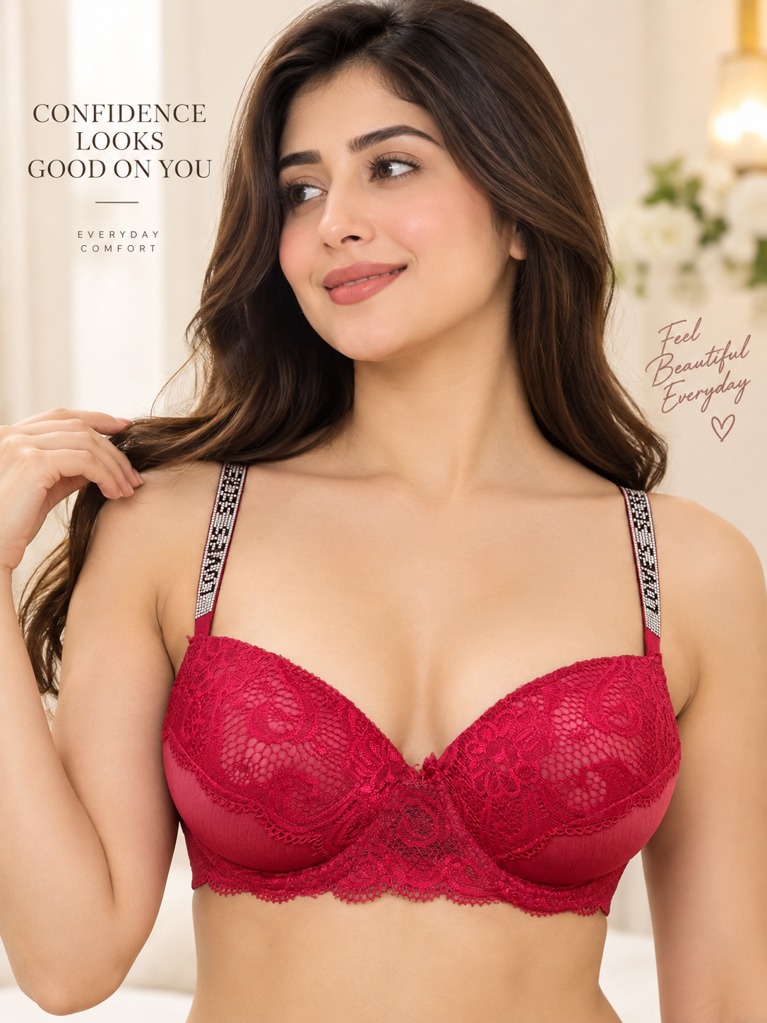 Beauwear Shine Letter Straps Push Up Bra Comfy Breathable Floral Lace